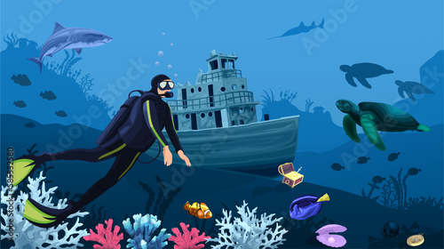 Diver with gear found treasure with gold. Snorkeling deep underwater near wreck or sunken ship in coral reef with sharks and turtle. Adventure seascape explore sea and ocean world. Vector illustration