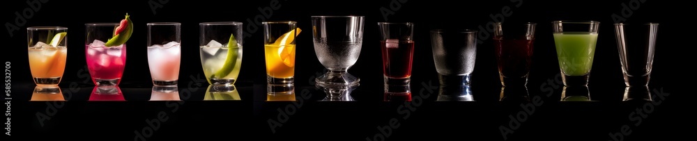 Assorted cocktail array on black banner