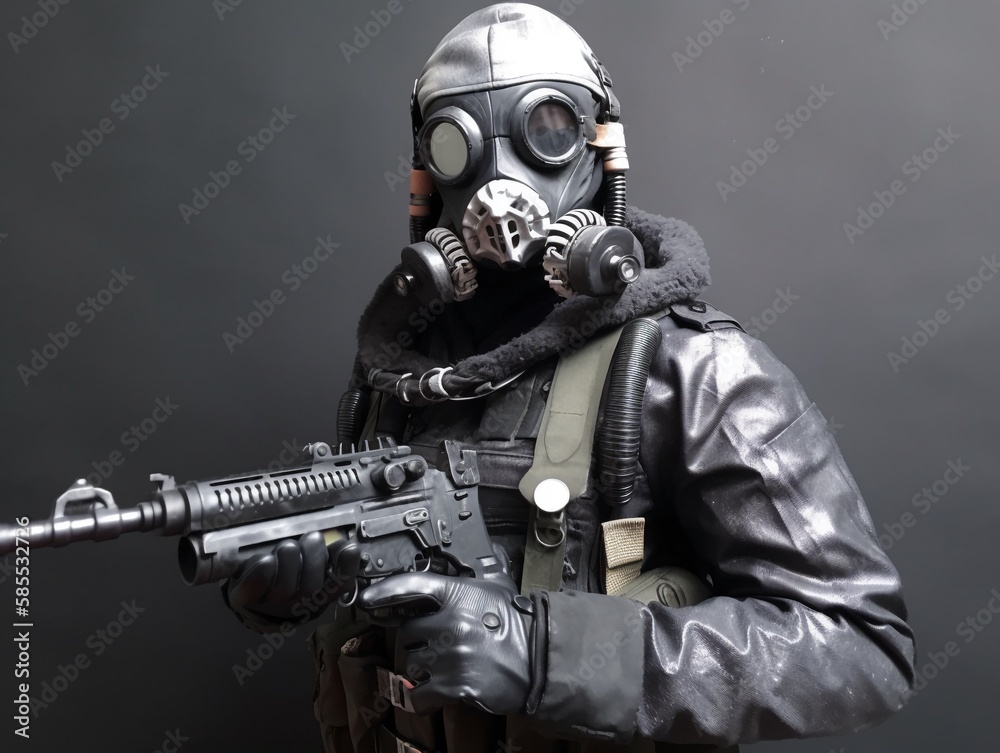 Soldier wearing gas mask