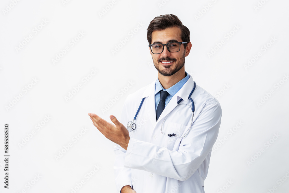 Man portrait doctor in white coat and eyeglasses and stethoscope looking into camera shows hands on background on white isolated background, space for copy, space for text, health Man portrait doctor in white coat and eyeglasses and stethoscope looking into camera shows hands on background on white isolated background, space for copy, space for text, health