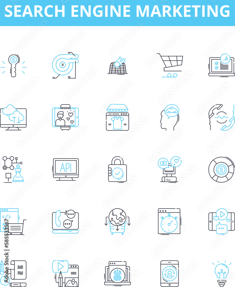 Search engine marketing vector line icons set. SEM, SEO, Advertising, PPC, Content, Analytics, Rankings illustration outline concept symbols and signs Search engine marketing vector line icons set. SEM, SEO, Advertising, PPC, Content, Analytics, Rankings illustration outline concept symbols and signs