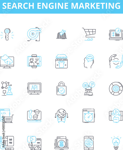 Search engine marketing vector line icons set. SEM, SEO, Advertising, PPC, Content, Analytics, Rankings illustration outline concept symbols and signs