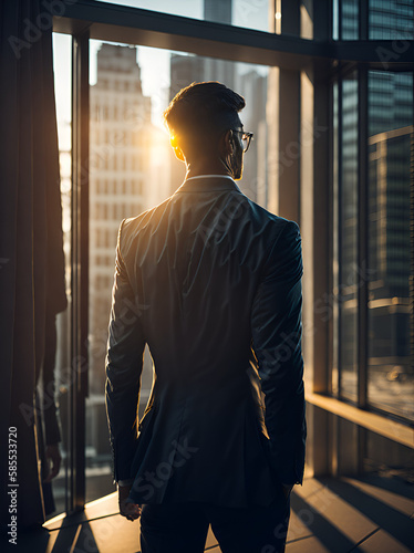 Businessmen lookin through window to the city sunset. AI generated illustration