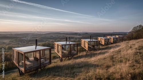 Eco friendly cabins array on hill © JW Studio