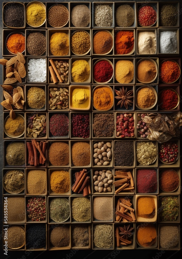 Assorted spices in small trays Assorted spices in small trays