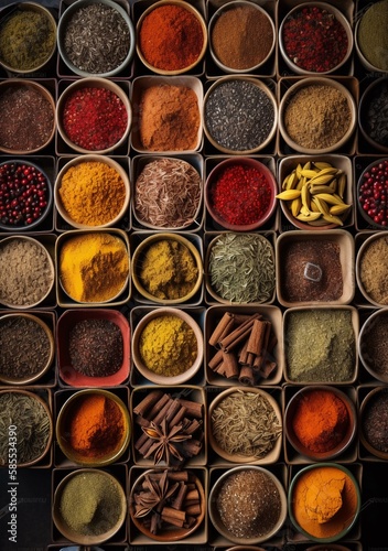 Assorted spices in small trays 