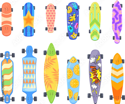 Colored skateboards types. Hipster skateboard with graphic drawing pattern on deck, city longboarding fun teenager skateboarding sport