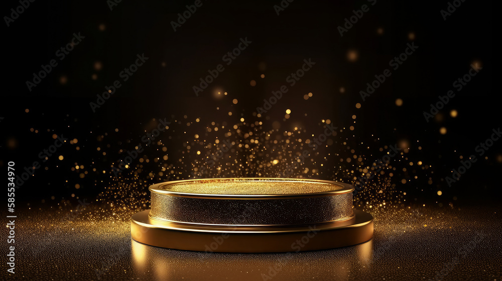 Gold glittering product podium. Shine Bright Like Gold with Our Dazzling Collection. A Perfect Display of Luxury and Glamour. Generative AI - obrazy, fototapety, plakaty 