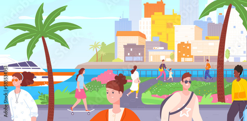 People walking on resort. Students man woman and children walk promenade on embankment, panorama scenery mediterranean seaside coast relaxing resort, splendid vector illustration