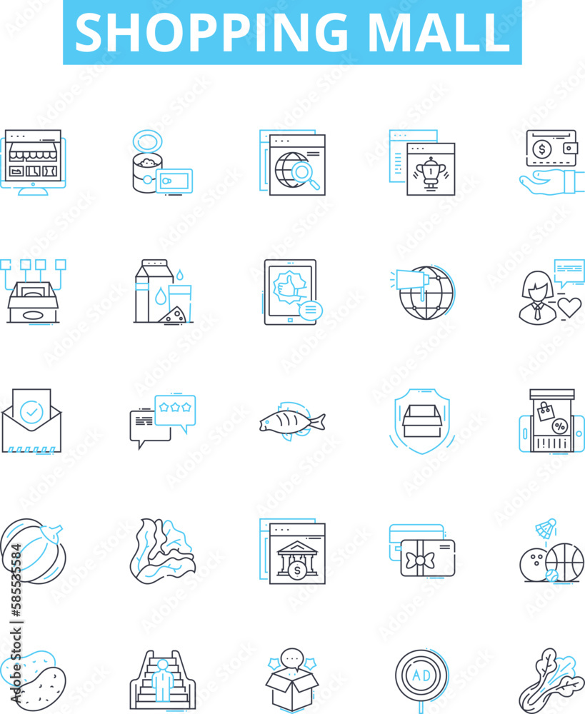 Shopping mall vector line icons set. Shopping, Mall, Store, Outlet, Bazaar, Plaza, Retail illustration outline concept symbols and signs