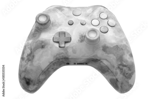 Realistic video game joystick with black marble texture on white background.