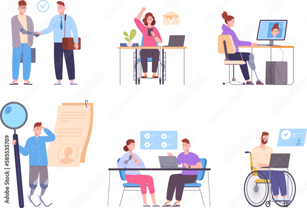 Disabled people hiring. Handicapped worker on meeting job interview, corporate inclusion recruitment disability seeker or business handicap colleagues, splendid vector illustration