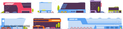 Car center building. Automotive showroom, auto dealer buildings dealership modern street cars store with mechanical maintenance, automobile shopping splendid vector illustration