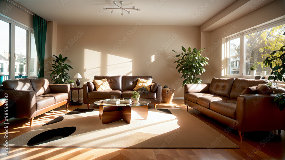 view of beautiful modern living room with contemprary interior with right war sunlight couch rug and home decor,generative AI