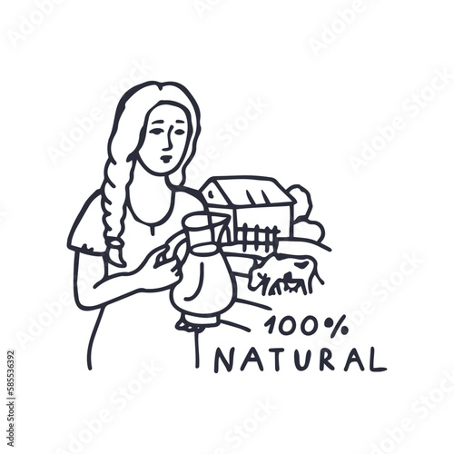 Woman farmer with jug of milk on farm background. Line illustration. The inscription is 100% natural.