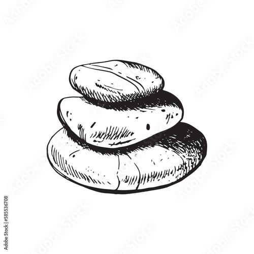 Stones pebbles balancing vector illustration. Stone Stacking Art, sketch style print. Cairn stones. Balancing and stack rocks emblem. Meditation