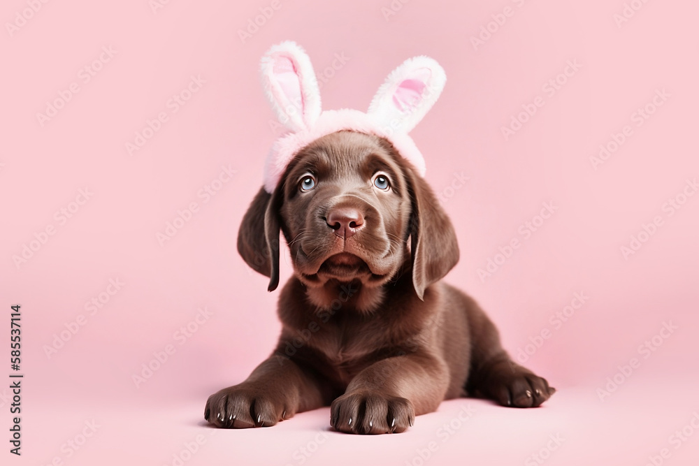 Obraz premium Cute Labrador dog puppy with costume Easter bunny ears. Generative AI