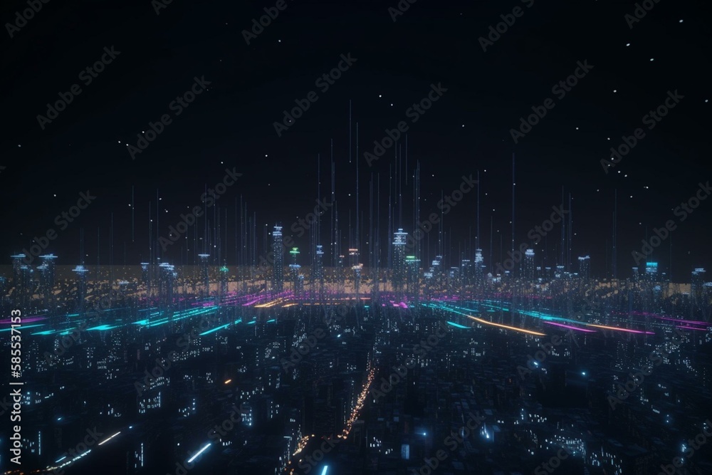 city on new planet at night, colored space, lights in the sky, generative ai - obrazy, fototapety, plakaty 