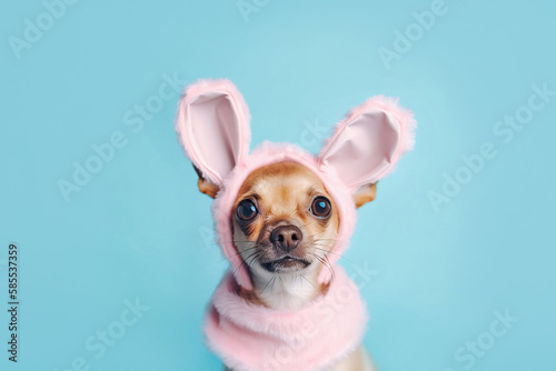 Small dog wearing Easter bunny costume ears on blue background. Generative AI © Firn