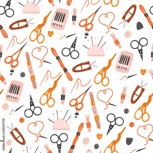 Seamless pattern with tools for embroidery, sewing, needlework. Hand drawn flat vector background with scissors, pincushion, floss, bobbins, needles
