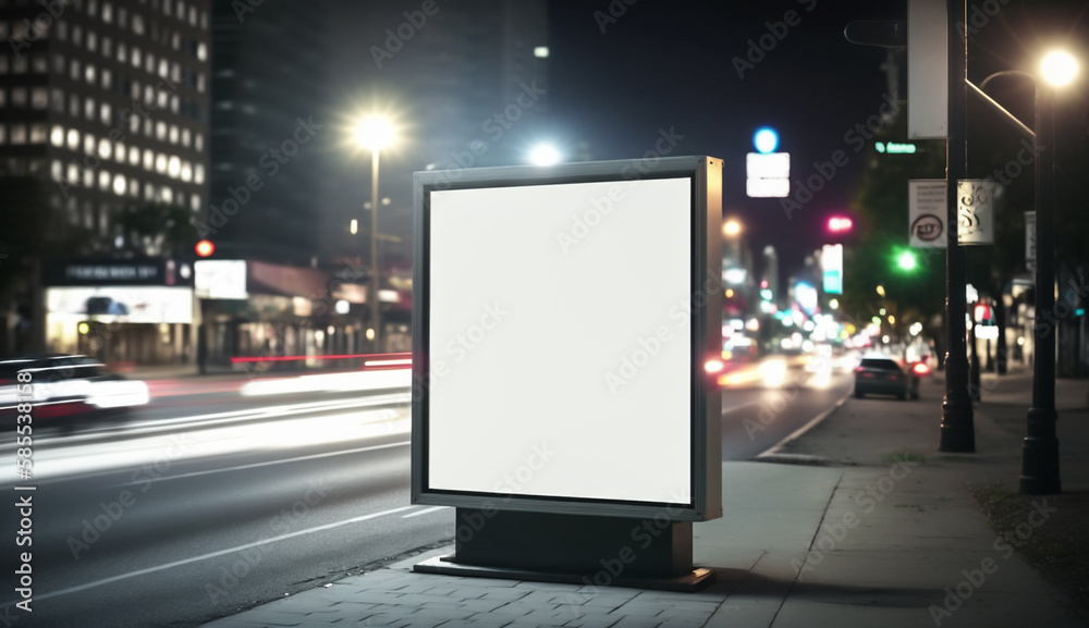 billboard with white background on the street in the night city, place for text 