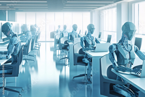 AI android robots working in .open plan office. Generative AI