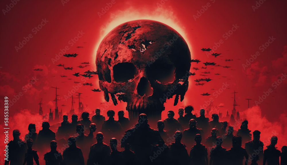 The conspiracy of the rulers of the world. Military silhouettes at war. Skull poster. Manipulation and crowd control. World War. Ecological catastrophy. Sanctions. Generative AI