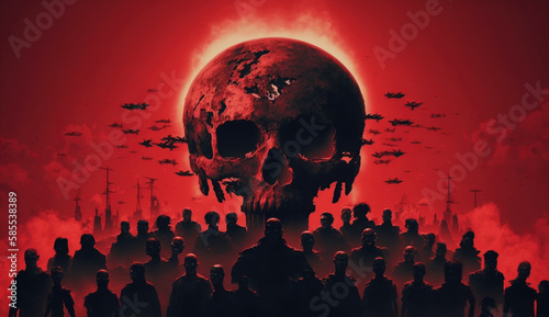 The conspiracy of the rulers of the world. Military silhouettes at war. Skull poster. Manipulation and crowd control. World War. Ecological catastrophy. Sanctions. Generative AI