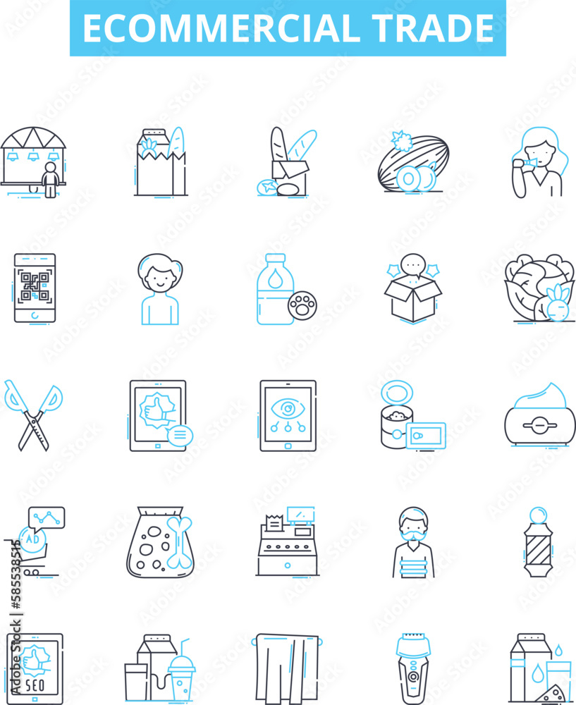 Ecommercial trade vector line icons set. ecommerce, trade, online, shopping, retail, marketplace, commerce illustration outline concept symbols and signs Ecommercial trade vector line icons set. ecommerce, trade, online, shopping, retail, marketplace, commerce illustration outline concept symbols and signs