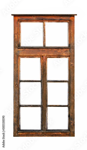 Old brown wooden window on white background