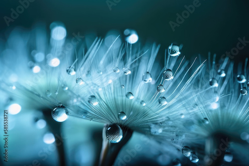 Dandelion Seeds in droplets of water on blue and turquoise beautiful background with soft focus in nature macro. 
