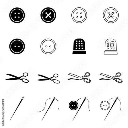 Set of icons of tailor tools and accessories. Buttons, thimble, scissors, sewing needle and thread. Vector Illustration