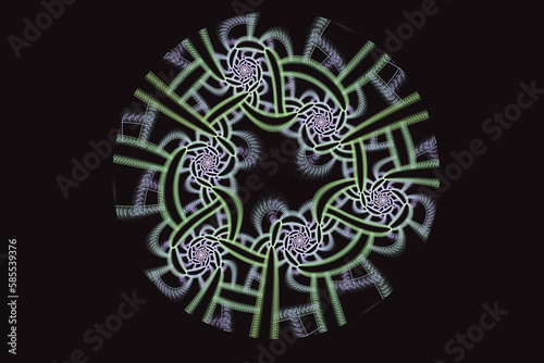 Green lilac floral pattern of crooked ribbons on a black background. Abstract fractal 3D rendering