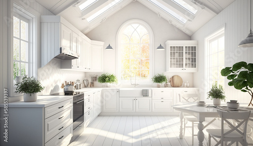 Bright, light-flooded white kitchen with large window, 3D rendering. Generative AI. © zaschnaus