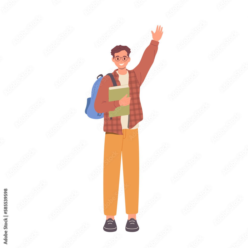 Happy male student in casual clothing with book and backpack waving hand gesturing welcome sign
