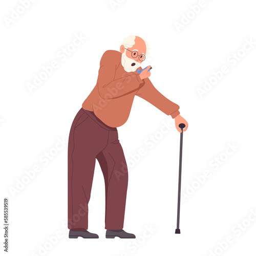 Retired elderly grandpa suffering from asthma tying to relieve asthmatic cough attack with inhaler