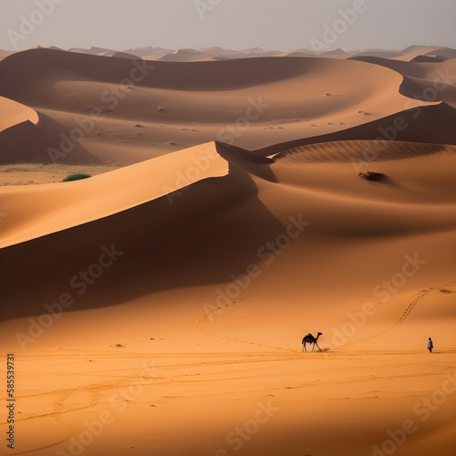 Sand dunes in the desert with a lone camel