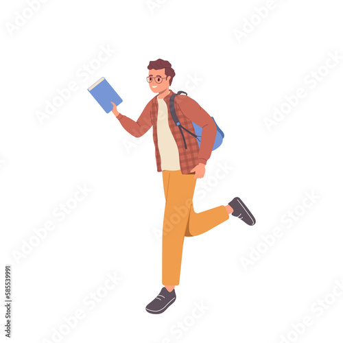 Happy smiling young male student with book and backpack running fast being late on lesson