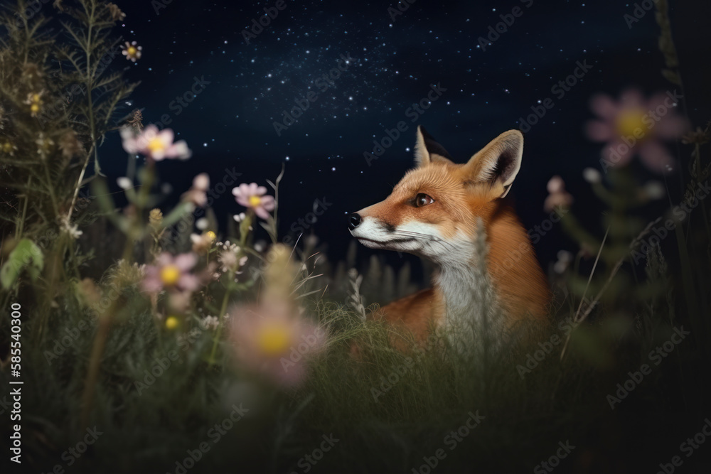 Fototapeta premium Fox in the field at night. AI Generated