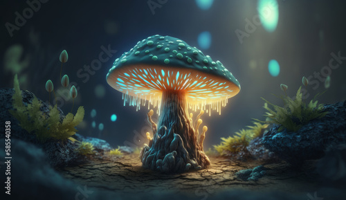 macro world of various mushrooms in the snow, underground biome. Created using artificial intelligence. 