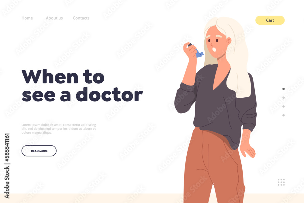Medical landing page with when to see doctor inscription and woman using asthma inhaler spray