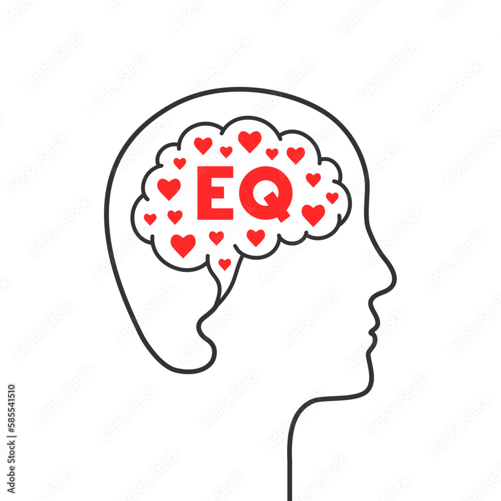 EQ, emotional intelligence and quotient concept. Head, brain and heart shape silhouette. Human mind, red hearts and profile face outline. Vector illustration isolated on white background. EQ, emotional intelligence and quotient concept. Head, brain and heart shape silhouette. Human mind, red hearts and profile face outline. Vector illustration isolated on white background.