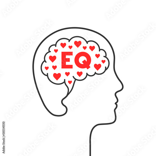EQ, emotional intelligence and quotient concept. Head, brain and heart shape silhouette. Human mind, red hearts and profile face outline. Vector illustration isolated on white background.