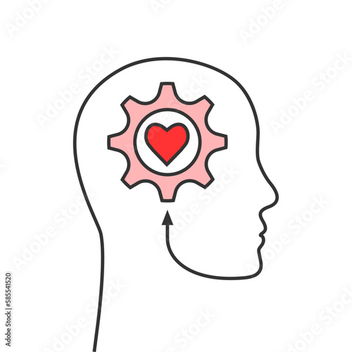 Head outline with gear and heart shape as mental health, mental well-being, inspiration, personal growth, self development or emotional intelligence concept. Abstract vector illustration.