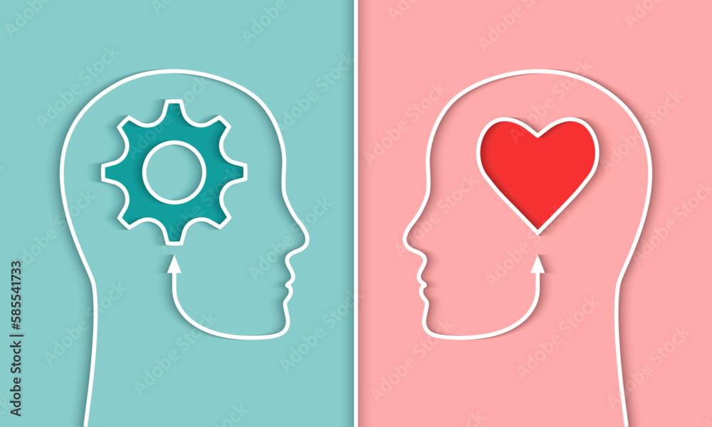 Comparison of IQ and EQ or right and left brain, cerebral hemispheres concept. Head silhouette of a person, gear and heart shape symbol. Emotional versus intelligence quotient, human mind, thinking. Comparison of IQ and EQ or right and left brain, cerebral hemispheres concept. Head silhouette of a person, gear and heart shape symbol. Emotional versus intelligence quotient, human mind, thinking.