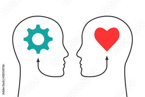 IQ and EQ, emotional and intelligence quotient concept. Head silhouette, gear and heart shape symbol.