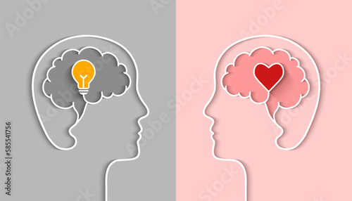 IQ and EQ concept with head silhouette, profile outline, brain, light bulb and heart shape as conceptual symbol. Emotional and intelligence quotient or right and left brain and cerebral hemispheres.