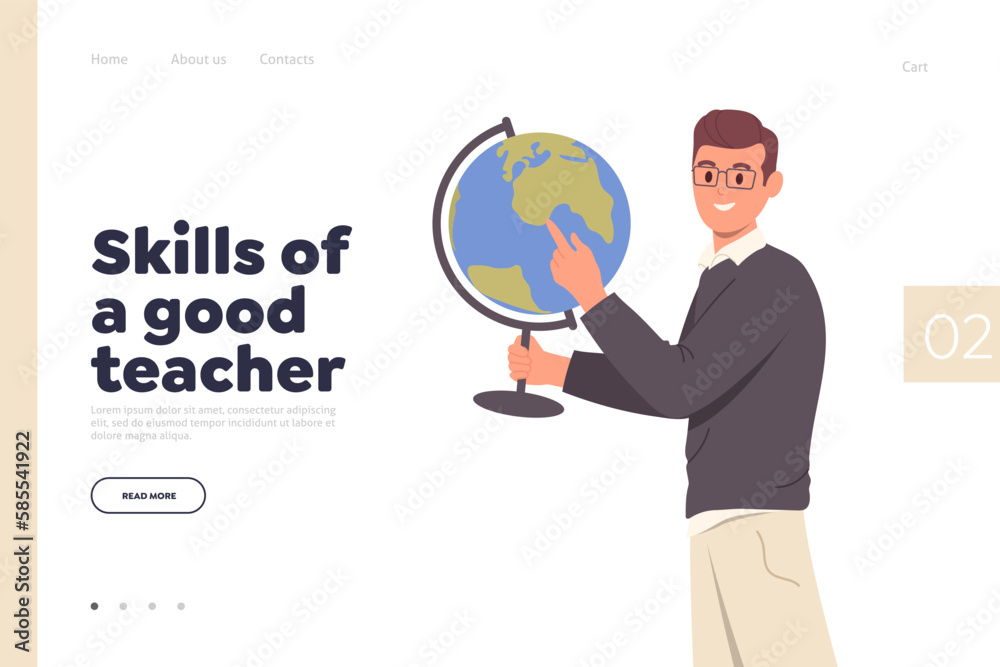Landing page design template with happy geography teacher standing holding earth globe Landing page design template with happy geography teacher standing holding earth globe