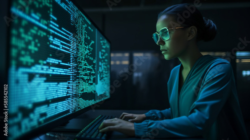 a person working on a computer, hacker, woman in tech, programmer, code, data protection, development, data., Generative  Image, AI