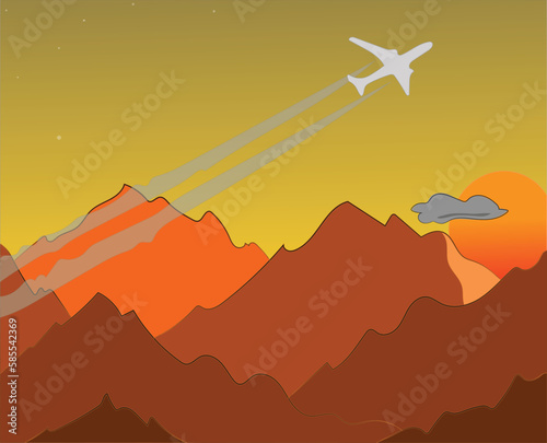 The plane flies over the mountains, sunset behind the mountains, tracers from the plane, twilight, evening, some stars, vector drawing